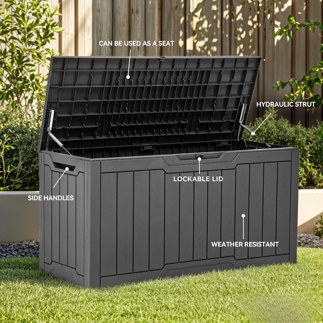 Alt view image 2 of 6 - 80 Gallon Resin Deck Box | Weather Resistant Outdoor Storage Box, Lockable Indoor Outdoor Storage for Supplies and Essentials, Dark Gray
