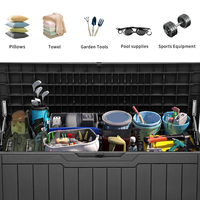 Alt view image 3 of 6 - 80 Gallon Resin Deck Box | Weather Resistant Outdoor Storage Box, Lockable Indoor Outdoor Storage for Supplies and Essentials, Dark Gray