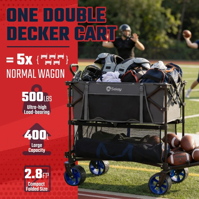 Alt view image 2 of 7 - 400L Double-Decker Wagon, 500 lb Capacity, 50 in Extender | Double-decker foldable wagon cart with 50 in extender, lower cargo deck and 10 x 10 canopy fit for sports and camping gear.