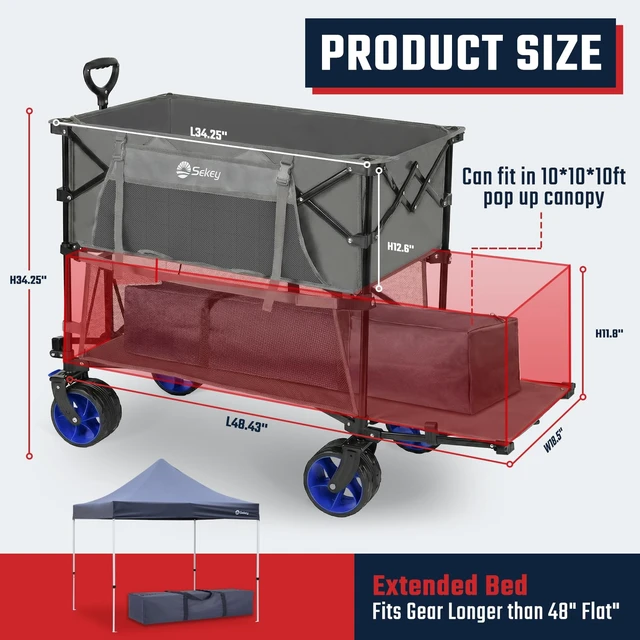 Alt view image 3 of 7 - 400L Double-Decker Wagon, 500 lb Capacity, 50 in Extender | Double-decker foldable wagon cart with 50 in extender, lower cargo deck and 10 x 10 canopy fit for sports and camping gear.