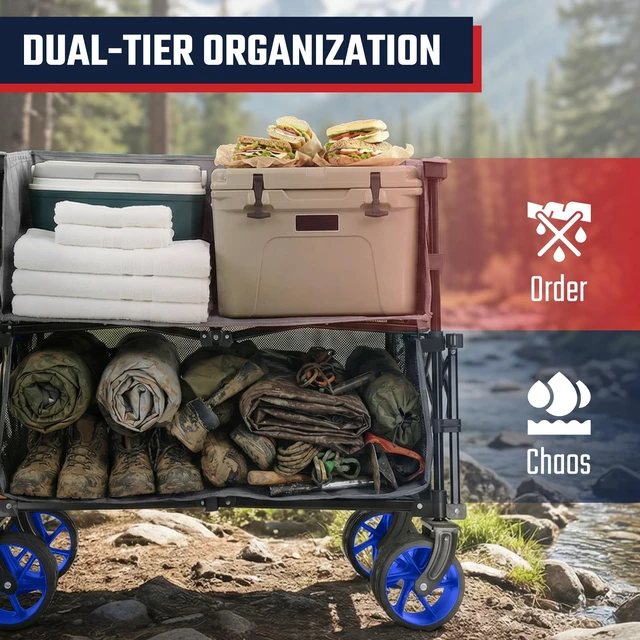 Alt view image 6 of 7 - 400L Double-Decker Wagon, 500 lb Capacity, 50 in Extender | Double-decker foldable wagon cart with 50 in extender, lower cargo deck and 10 x 10 canopy fit for sports and camping gear.