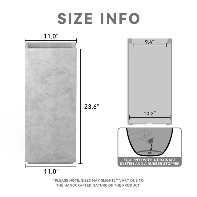 Alt view image 2 of 7 - Accent Column Square Pale Gray Concrete Planter 23.6" H, Outdoor | Rubber Plug for Indoor, Drainage for Garden, All-Weather Cement Flower Pot, Handcrafted, Anti-Frost & UV, Modern Home Decor