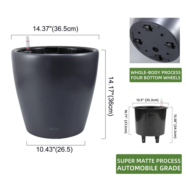 Alt view image 3 of 6 - 15x14 Self Watering Planter with Wheels (Slate Gray Matte) | Inner Pot Design, Thickened Large Floor Standing Flower Plant Pot with Water Level Indicator Indoor Outdoor