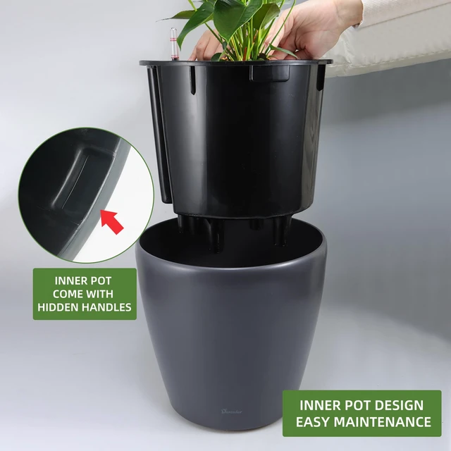 Alt view image 4 of 6 - 15x14 Self Watering Planter with Wheels (Slate Gray Matte) | Inner Pot Design, Thickened Large Floor Standing Flower Plant Pot with Water Level Indicator Indoor Outdoor