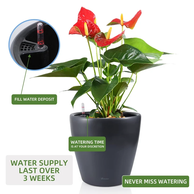 Alt view image 5 of 6 - 15x14 Self Watering Planter with Wheels (Slate Gray Matte) | Inner Pot Design, Thickened Large Floor Standing Flower Plant Pot with Water Level Indicator Indoor Outdoor