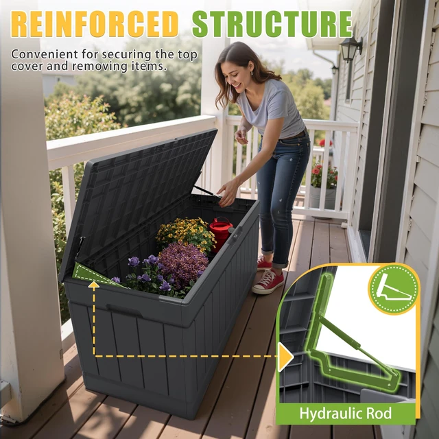 Alt view image 2 of 7 - Outdoor Storage Box 82 Gallon Storage Bin with Lid for Patio Furniture, Garden Tools, Pool Supplies, Waterproof and UV Resistant, Lockable, Gray