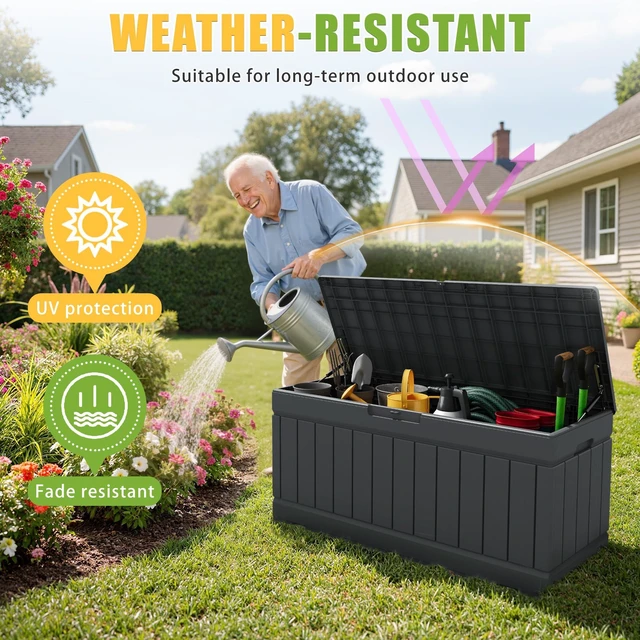 Alt view image 4 of 7 - Outdoor Storage Box 82 Gallon Storage Bin with Lid for Patio Furniture, Garden Tools, Pool Supplies, Waterproof and UV Resistant, Lockable, Gray