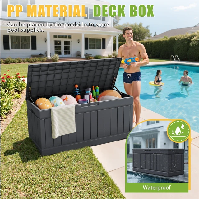 Alt view image 5 of 7 - Outdoor Storage Box 82 Gallon Storage Bin with Lid for Patio Furniture, Garden Tools, Pool Supplies, Waterproof and UV Resistant, Lockable, Gray