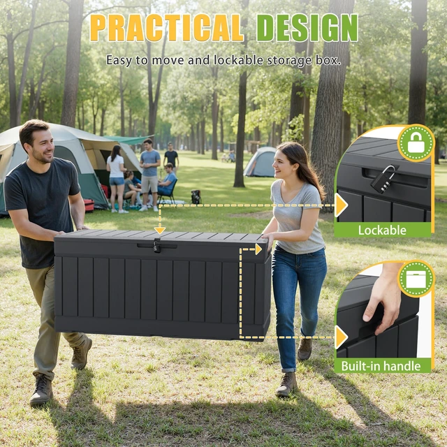 Alt view image 6 of 7 - Outdoor Storage Box 82 Gallon Storage Bin with Lid for Patio Furniture, Garden Tools, Pool Supplies, Waterproof and UV Resistant, Lockable, Gray