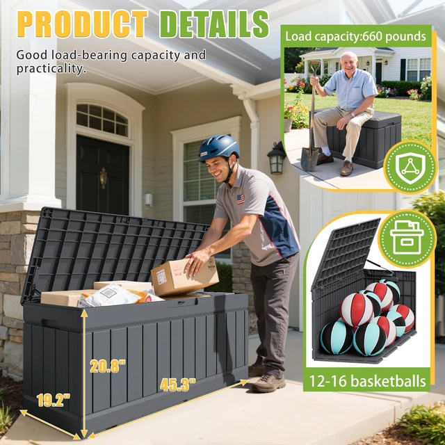 Alt view image 7 of 7 - Outdoor Storage Box 82 Gallon Storage Bin with Lid for Patio Furniture, Garden Tools, Pool Supplies, Waterproof and UV Resistant, Lockable, Gray