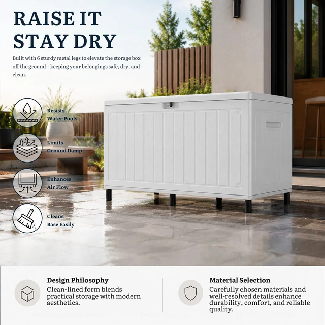 Alt view image 2 of 7 - 90 Gallon Outdoor Double-Wall Deck Box w/6 Heavy-Duty Metal Legs | Large Resin Storage Box with Handle, for Cushion, Waterproof & Lockable,for Pool Accessories,Garden