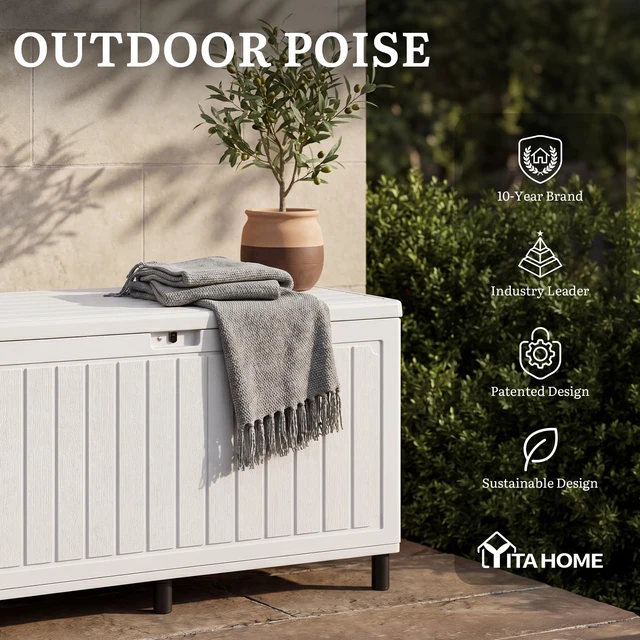 Alt view image 6 of 7 - 90 Gallon Outdoor Double-Wall Deck Box w/6 Heavy-Duty Metal Legs | Large Resin Storage Box with Handle, for Cushion, Waterproof & Lockable,for Pool Accessories,Garden