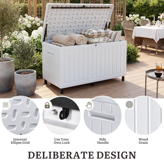 Alt view image 3 of 7 - 90 Gallon Outdoor Double-Wall Deck Box w/6 Heavy-Duty Metal Legs | Large Resin Storage Box with Handle, for Cushion, Waterproof & Lockable,for Pool Accessories,Garden