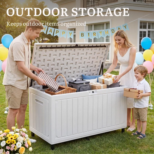 Alt view image 7 of 7 - 90 Gallon Outdoor Double-Wall Deck Box w/6 Heavy-Duty Metal Legs | Large Resin Storage Box with Handle, for Cushion, Waterproof & Lockable,for Pool Accessories,Garden