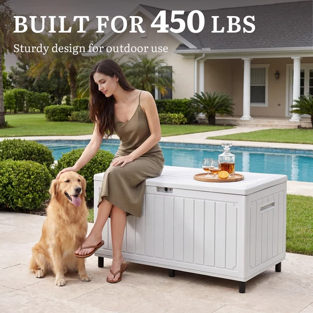Alt view image 5 of 7 - 90 Gallon Outdoor Double-Wall Deck Box w/6 Heavy-Duty Metal Legs | Large Resin Storage Box with Handle, for Cushion, Waterproof & Lockable,for Pool Accessories,Garden
