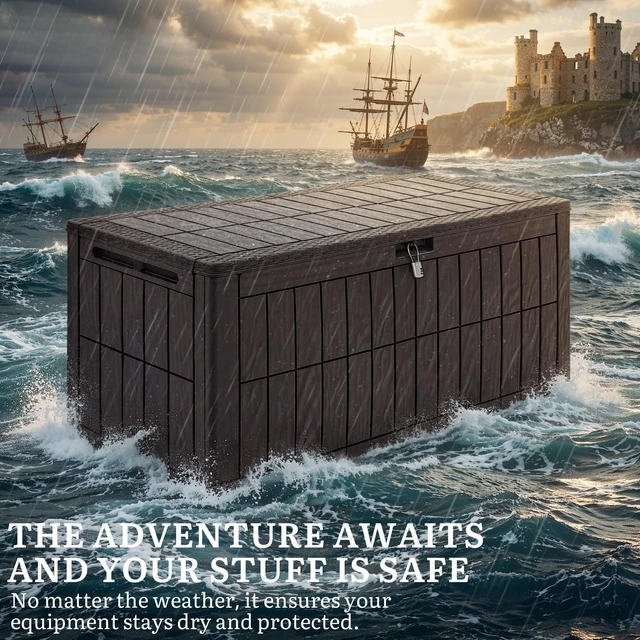 Alt view image 4 of 7 - 110 Gallon Outdoor Deck Box | Waterproof Resin Storage Box with Lock, Lockable Patio Furniture Bin, 2-Person Bench Seating for Outdoor Cushions, Garden