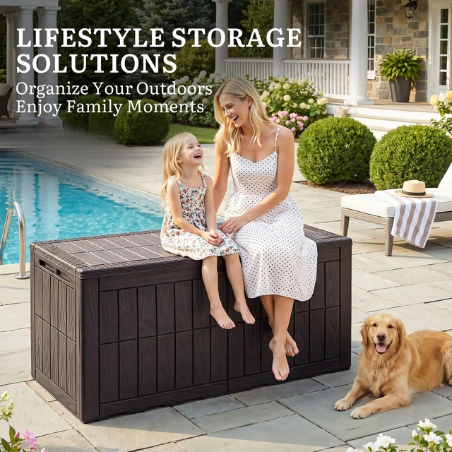 Alt view image 6 of 7 - 110 Gallon Outdoor Deck Box | Waterproof Resin Storage Box with Lock, Lockable Patio Furniture Bin, 2-Person Bench Seating for Outdoor Cushions, Garden