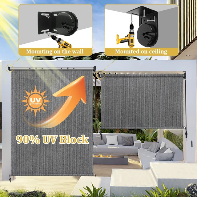 Alt view image 4 of 7 - Outdoor Roller Shades with Splicing Design, 7' W x 8' H Cordless Patio Roll Up Blinds, Exterior Shade Cloth Roll for Porch, Gazebo, Pergola, Balcony, Gray