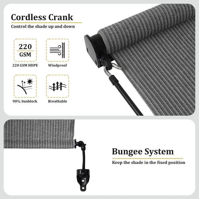 Alt view image 5 of 7 - Outdoor Roller Shades with Splicing Design, 7' W x 8' H Cordless Patio Roll Up Blinds, Exterior Shade Cloth Roll for Porch, Gazebo, Pergola, Balcony, Gray
