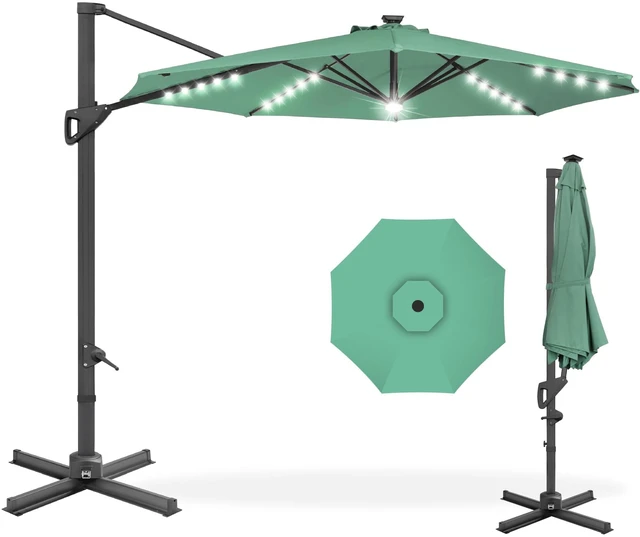 Main image of 10ft Solar LED Cantilever Patio Umbrella, 360-Degree Rotation Hanging Offset Market Outdoor Sun Shade for Backyard, Deck, Poolside w/Lights, Easy Tilt, Cross Base - Seaglass