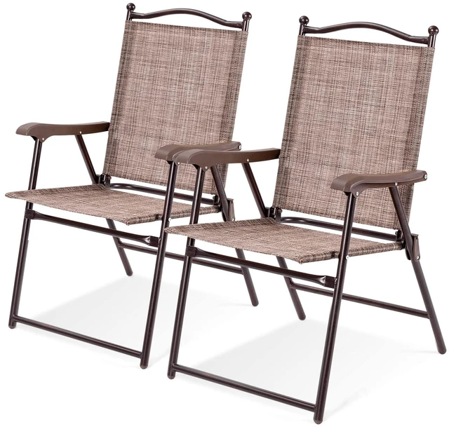 Main image of Set of 2 Patio Folding Dining Chairs, Outdoor Sling Lawn Chairs with Armrests, Steel Frame, Portable Camping Lounge Chairs for Backyard, Deck, Poolside and Garden, No Assembly (1, Brown)