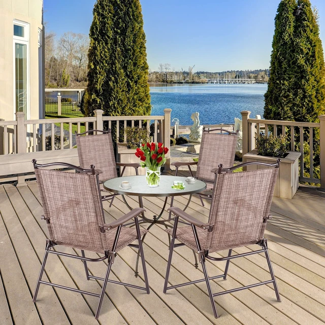 Alt view image 2 of 7 - Set of 2 Patio Folding Dining Chairs, Outdoor Sling Lawn Chairs with Armrests, Steel Frame, Portable Camping Lounge Chairs for Backyard, Deck, Poolside and Garden, No Assembly (1, Brown)