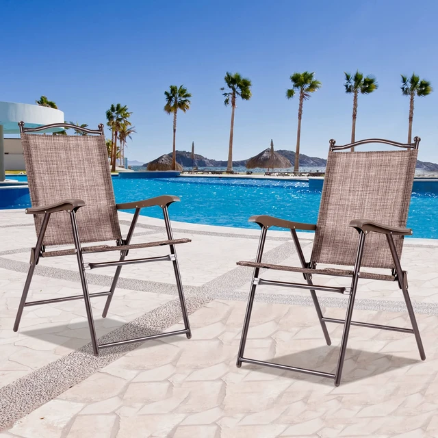 Alt view image 3 of 7 - Set of 2 Patio Folding Dining Chairs, Outdoor Sling Lawn Chairs with Armrests, Steel Frame, Portable Camping Lounge Chairs for Backyard, Deck, Poolside and Garden, No Assembly (1, Brown)