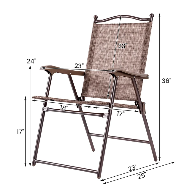 Alt view image 4 of 7 - Set of 2 Patio Folding Dining Chairs, Outdoor Sling Lawn Chairs with Armrests, Steel Frame, Portable Camping Lounge Chairs for Backyard, Deck, Poolside and Garden, No Assembly (1, Brown)