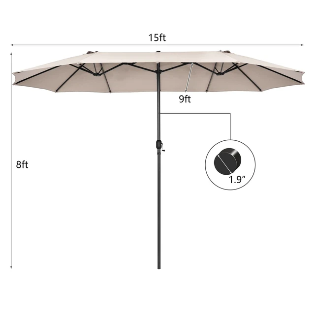 Alt view image 5 of 7 - 15Ft Double-Sided Patio Umbrella, Outdoor Extra Large Umbrella W/Hand-Crank System & Air Vents, Market Twin Umbrella W/ 12-Rib Sturdy Metal Frame for Poolside, Garden Backyard (Beige)