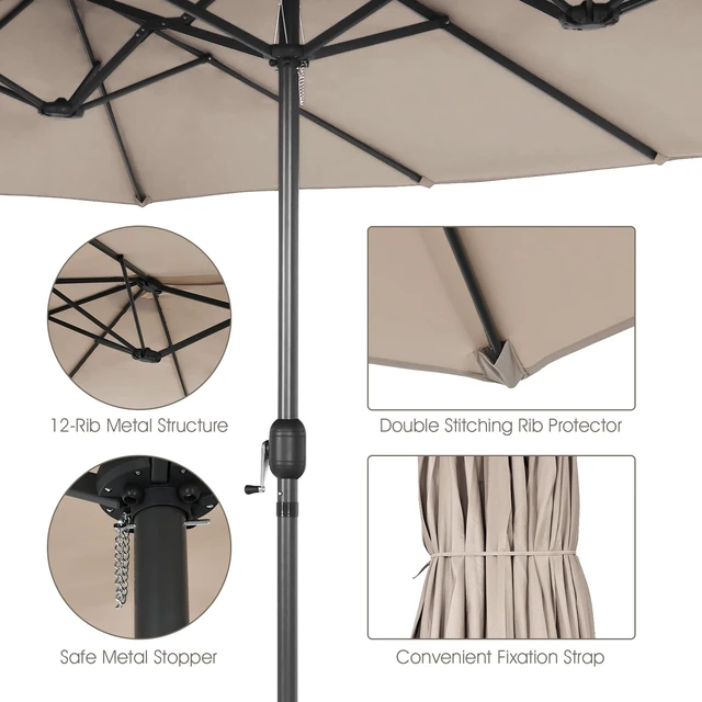Alt view image 6 of 7 - 15Ft Double-Sided Patio Umbrella, Outdoor Extra Large Umbrella W/Hand-Crank System & Air Vents, Market Twin Umbrella W/ 12-Rib Sturdy Metal Frame for Poolside, Garden Backyard (Beige)