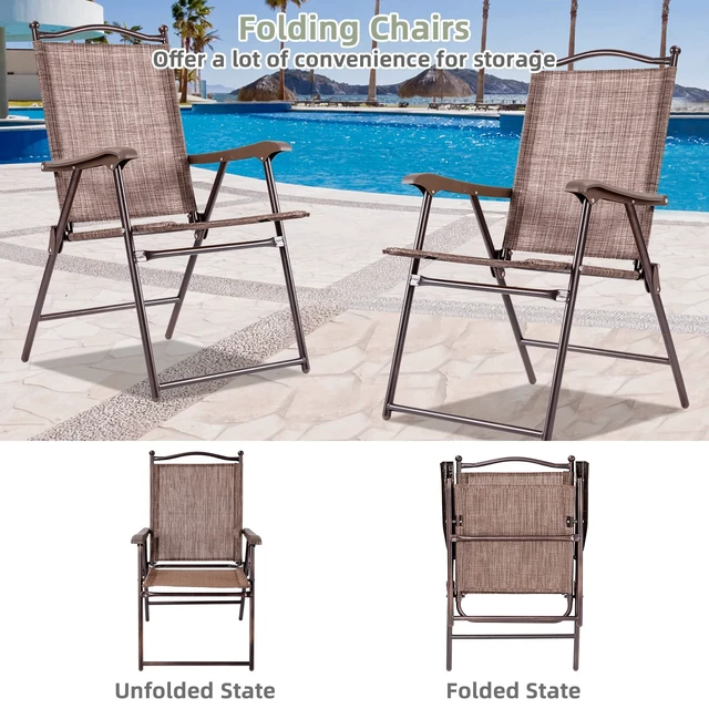Alt view image 5 of 7 - Set of 2 Patio Folding Dining Chairs, Outdoor Sling Lawn Chairs with Armrests, Steel Frame, Portable Camping Lounge Chairs for Backyard, Deck, Poolside and Garden, No Assembly (1, Brown)