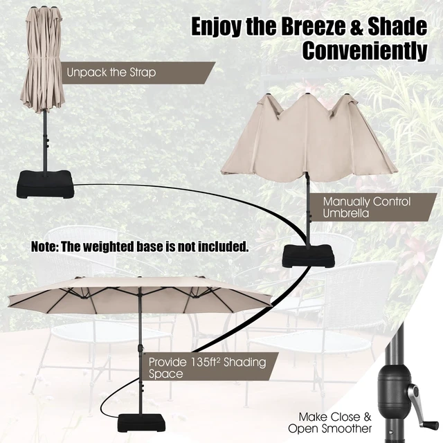 Alt view image 7 of 7 - 15Ft Double-Sided Patio Umbrella, Outdoor Extra Large Umbrella W/Hand-Crank System & Air Vents, Market Twin Umbrella W/ 12-Rib Sturdy Metal Frame for Poolside, Garden Backyard (Beige)