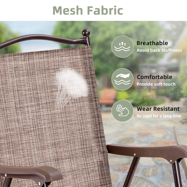 Alt view image 6 of 7 - Set of 2 Patio Folding Dining Chairs, Outdoor Sling Lawn Chairs with Armrests, Steel Frame, Portable Camping Lounge Chairs for Backyard, Deck, Poolside and Garden, No Assembly (1, Brown)