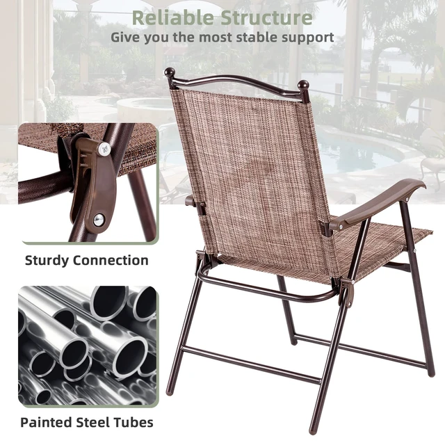 Alt view image 7 of 7 - Set of 2 Patio Folding Dining Chairs, Outdoor Sling Lawn Chairs with Armrests, Steel Frame, Portable Camping Lounge Chairs for Backyard, Deck, Poolside and Garden, No Assembly (1, Brown)