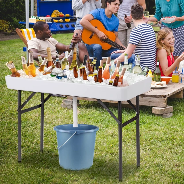 Alt view image 2 of 7 - Folding Ice Table with Drain, 4 ft Portable Cooler with Removable Skirt, No Assembly, Fill and Chill Table for Food Drink Beverage, Foldable Party Ice Bin for Camping BBQ Outdoor, White