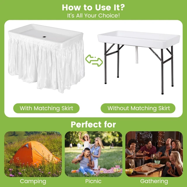 Alt view image 3 of 7 - Folding Ice Table with Drain, 4 ft Portable Cooler with Removable Skirt, No Assembly, Fill and Chill Table for Food Drink Beverage, Foldable Party Ice Bin for Camping BBQ Outdoor, White
