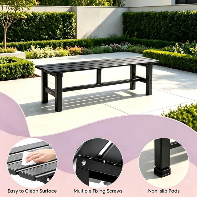 Alt view image 2 of 6 - 59 Inches Outdoor Bench, 2-Person Aluminum Garden Bench, All-Weather Patio Bench for Garden, Porch, Backyard & Park (Black)