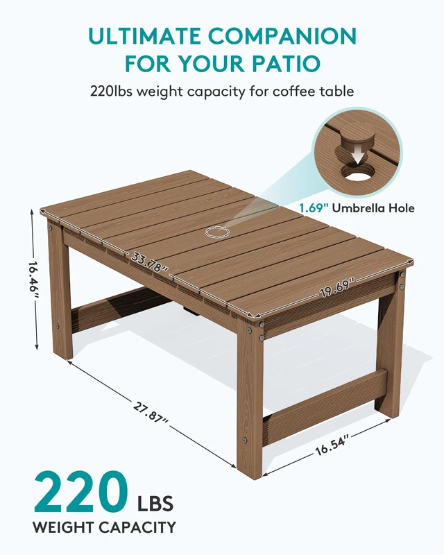 Alt view image 4 of 7 - HDPE Outdoor Coffee Table with Umbrella Hole, Brown