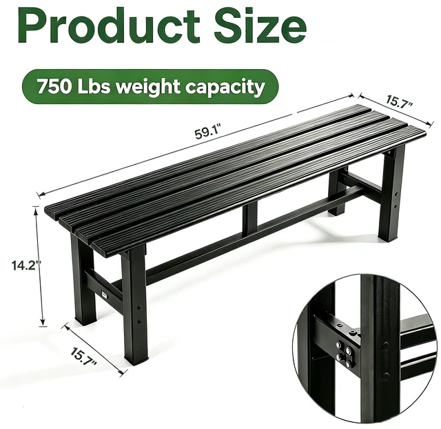 Alt view image 5 of 6 - 59 Inches Outdoor Bench, 2-Person Aluminum Garden Bench, All-Weather Patio Bench for Garden, Porch, Backyard & Park (Black)