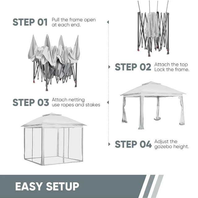 Alt view image 7 of 7 - 11x11 FT Gazebo Tent, Outdoor Tents for Parties with Mosquito Netting, Folding Heavy Duty Height Adjustable Canopy Tent for Patio Backyard Garden (White)