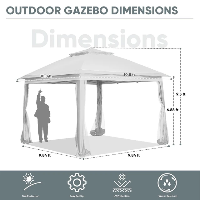 Alt view image 6 of 7 - 11x11 FT Gazebo Tent, Outdoor Tents for Parties with Mosquito Netting, Folding Heavy Duty Height Adjustable Canopy Tent for Patio Backyard Garden (White)