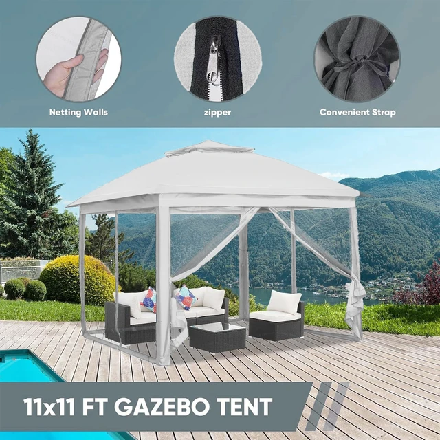 Alt view image 3 of 7 - 11x11 FT Gazebo Tent, Outdoor Tents for Parties with Mosquito Netting, Folding Heavy Duty Height Adjustable Canopy Tent for Patio Backyard Garden (White)