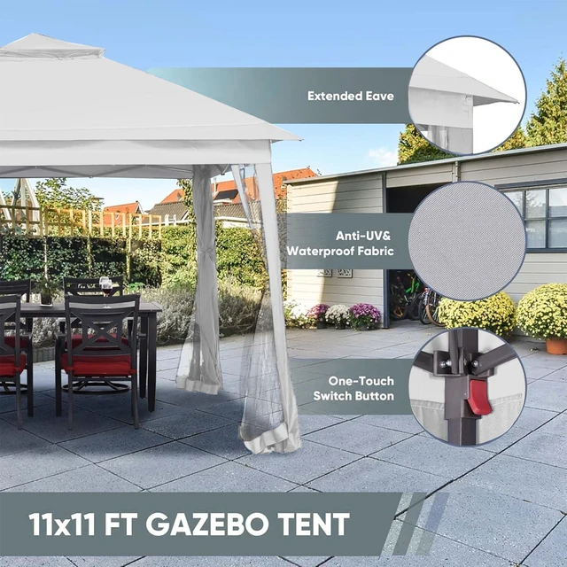 Alt view image 2 of 7 - 11x11 FT Gazebo Tent, Outdoor Tents for Parties with Mosquito Netting, Folding Heavy Duty Height Adjustable Canopy Tent for Patio Backyard Garden (White)