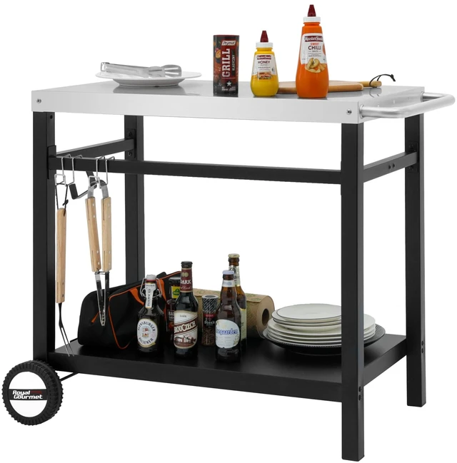 Main image of Dining Cart Table with Double-Shelf PC3401S (Silver) | Movable Stainless Steel Flattop Grill Cart, Hooks, Side Handle, Multifunctional
