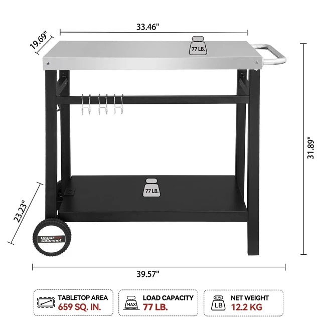 Alt view image 2 of 7 - Dining Cart Table with Double-Shelf PC3401S (Silver) | Movable Stainless Steel Flattop Grill Cart, Hooks, Side Handle, Multifunctional