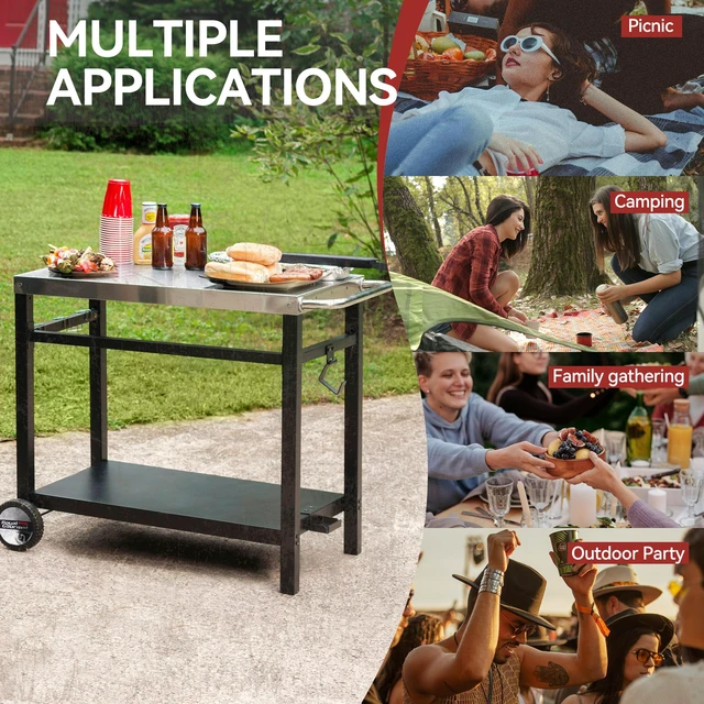 Alt view image 6 of 7 - Dining Cart Table with Double-Shelf PC3401S (Silver) | Movable Stainless Steel Flattop Grill Cart, Hooks, Side Handle, Multifunctional