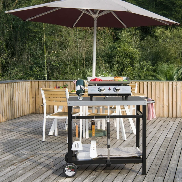 Alt view image 3 of 7 - Dining Cart Table with Double-Shelf PC3401S (Silver) | Movable Stainless Steel Flattop Grill Cart, Hooks, Side Handle, Multifunctional