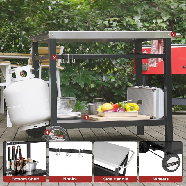 Alt view image 4 of 7 - Dining Cart Table with Double-Shelf PC3401S (Silver) | Movable Stainless Steel Flattop Grill Cart, Hooks, Side Handle, Multifunctional
