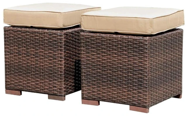 Main image of 2 Pieces Assembled Outdoor Patio Ottoman, Dark Brown Wicker,Beige | Indoor Outdoor All-Weather Rattan Footstool Footrest Seat, No Assembly Required, Patio Ottoman for Garden, Backyard, Porch
