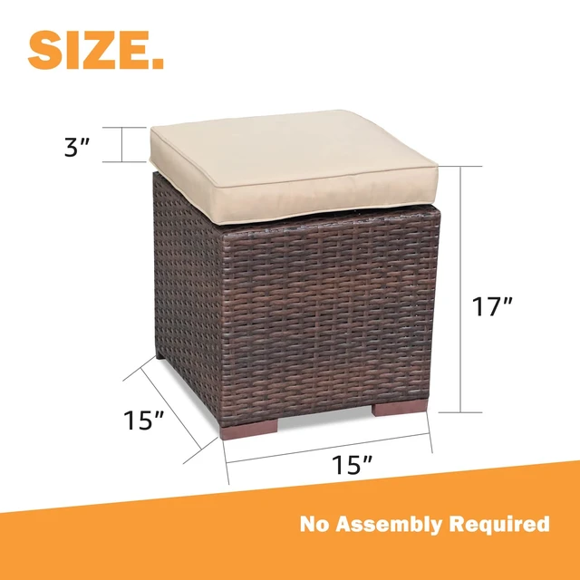 Alt view image 3 of 7 - 2 Pieces Assembled Outdoor Patio Ottoman, Dark Brown Wicker,Beige | Indoor Outdoor All-Weather Rattan Footstool Footrest Seat, No Assembly Required, Patio Ottoman for Garden, Backyard, Porch